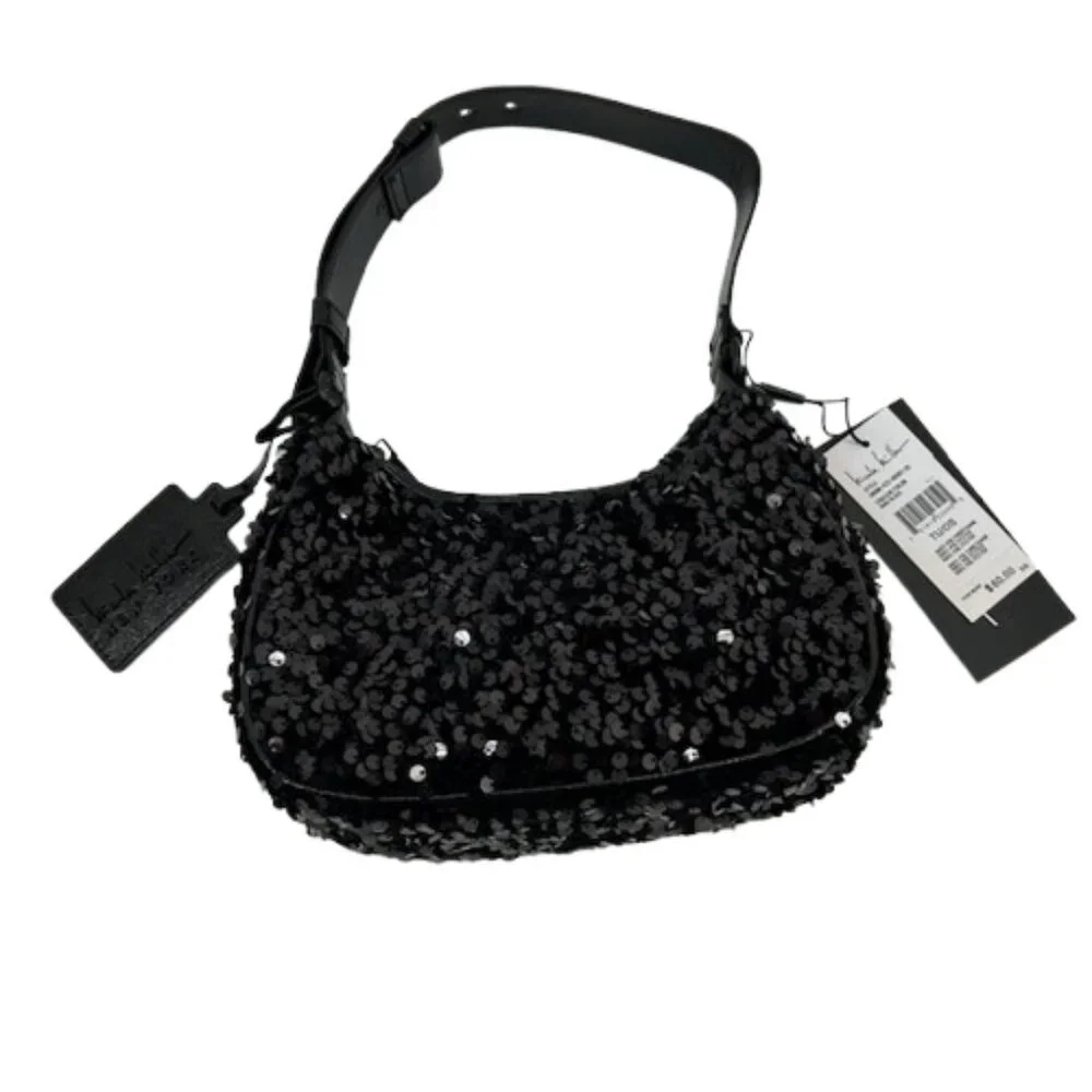 Nicole Miller New York Black Sequin Shoulder Bag Evening Purse Handbag Y2K Style
